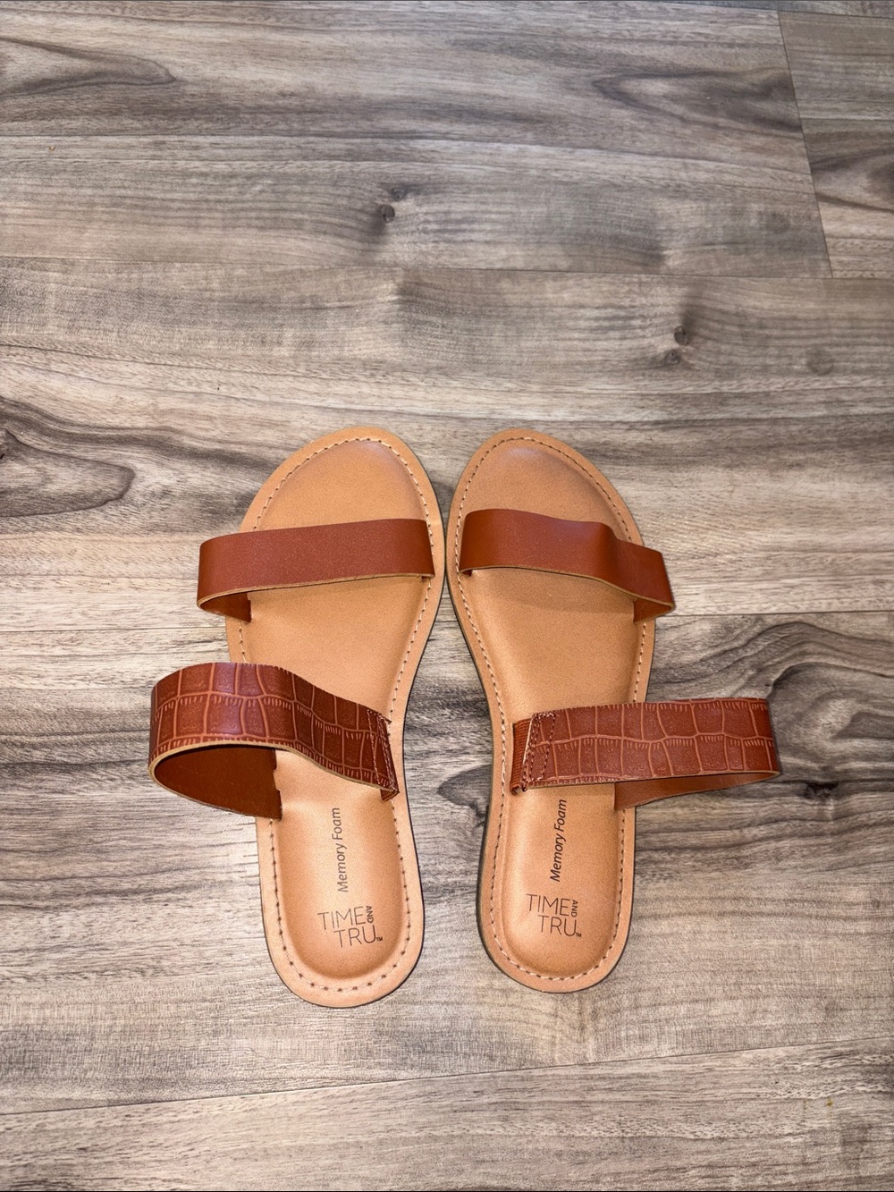 Time and Tru Tan Brown Double-Strap Slide Sandals